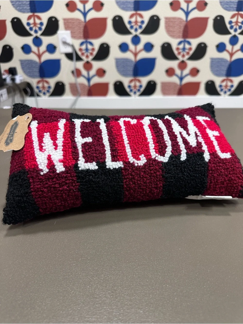 Welcome Holiday Throw Pillow - Red, Black & White Buffalo Check Mud Pie Small